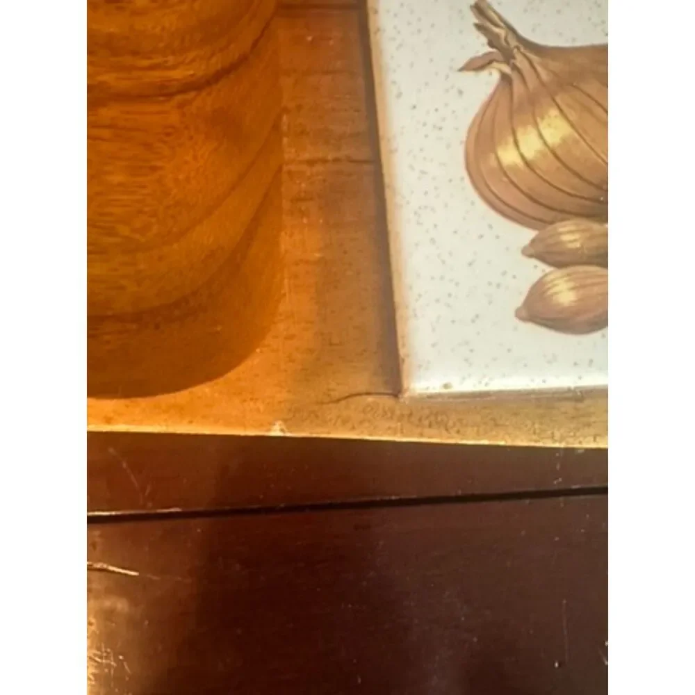 Vintage Mid-Century Wood Serving Charcuterie Tray with Vegetable Tile Inlay
